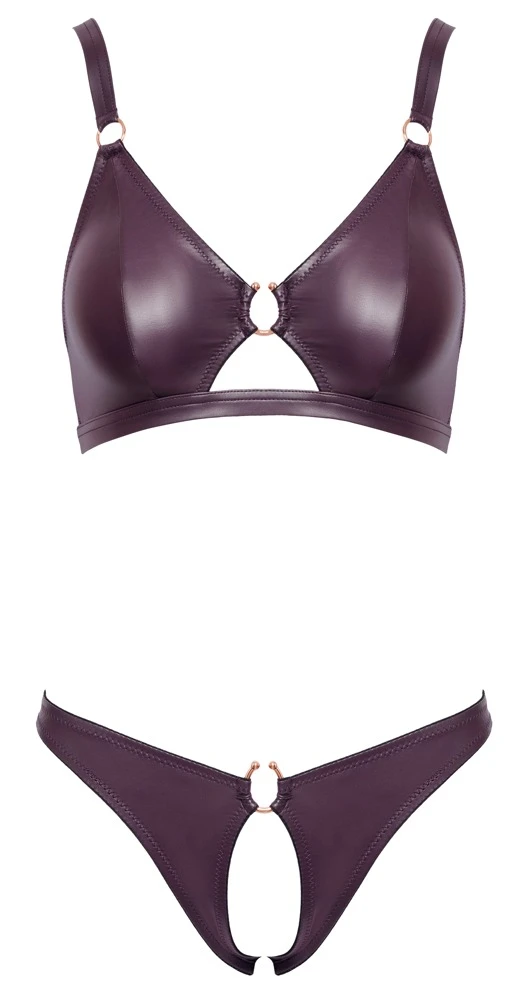 Cottelli LINGERIE Dessous-Set BH und Slip lila aufregender Wetlook Ouvert geschnitten