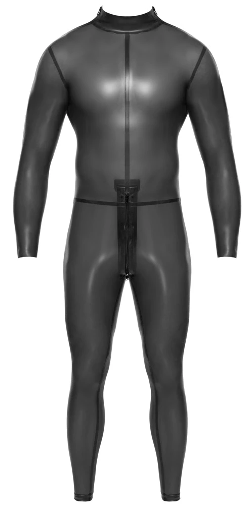 Latex Herren Overall,  in rauchgrauer Transparenz - hautenge Eleganz mit Schulterreißverschlüssen und praktischem Reißverschluss im Schritt