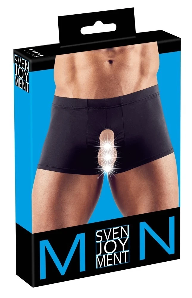 Figurbetonter Showmaster mit Öffnungen für Penis und Hoden in schwarz.