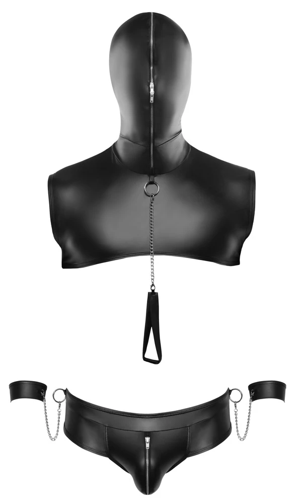Kurzes Kapuzen-Top, Riostring, Leine und 2 Handfesseln im Set von Svenjoyment BONDAGE.