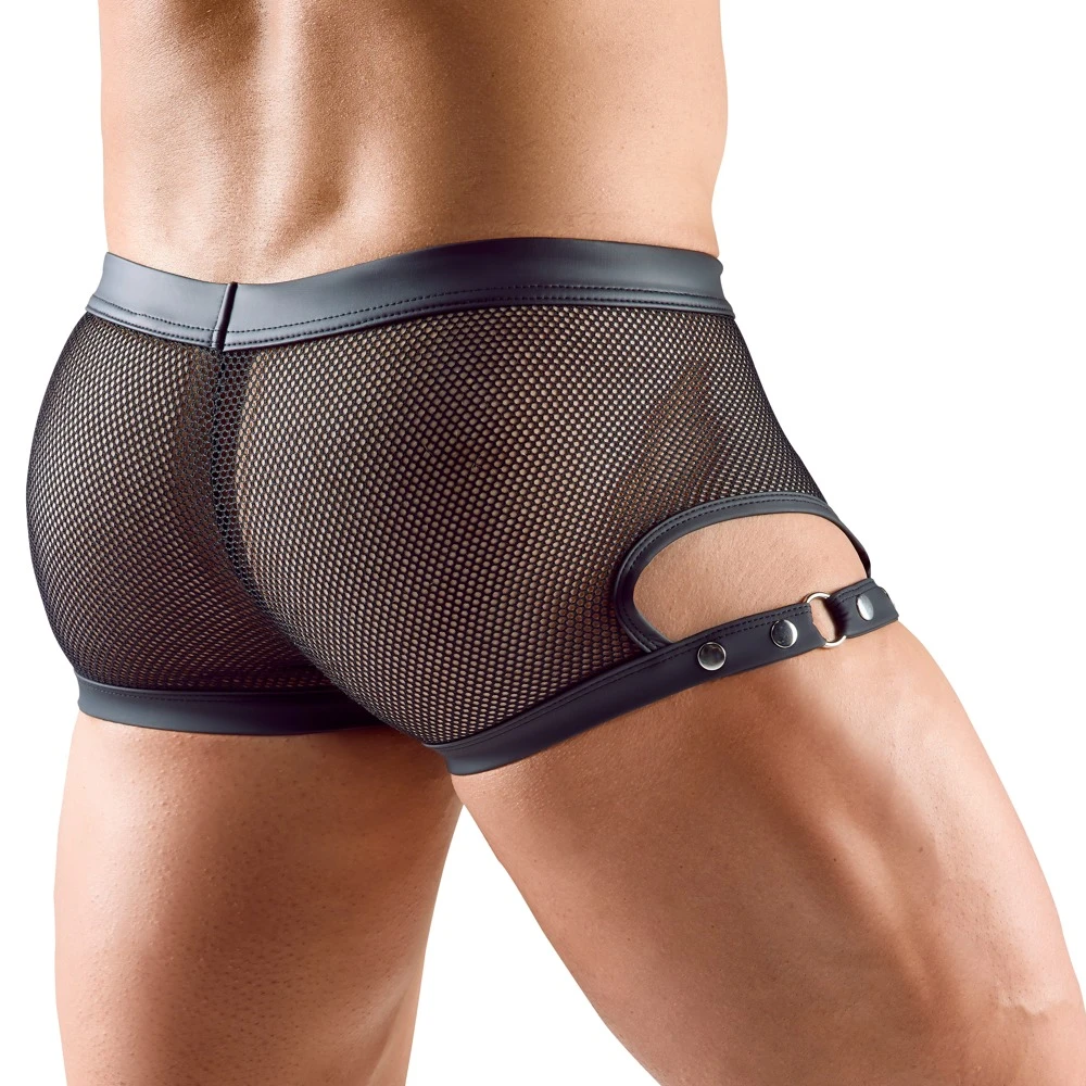 Schwarze Netz-Pants von NEK mit verstellbaren Schenkelriemen, Druckknopfleiste und elastischem Bund für optimalen Tragekomfort