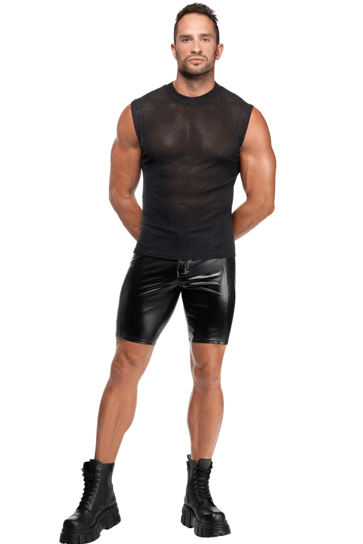 Transparentes Feinnetz Tank Top H083  von Noir Handmade Men im silber schimmernden Look, das den Oberkörper markant betont und jede Bewegung flexibel unterstützt