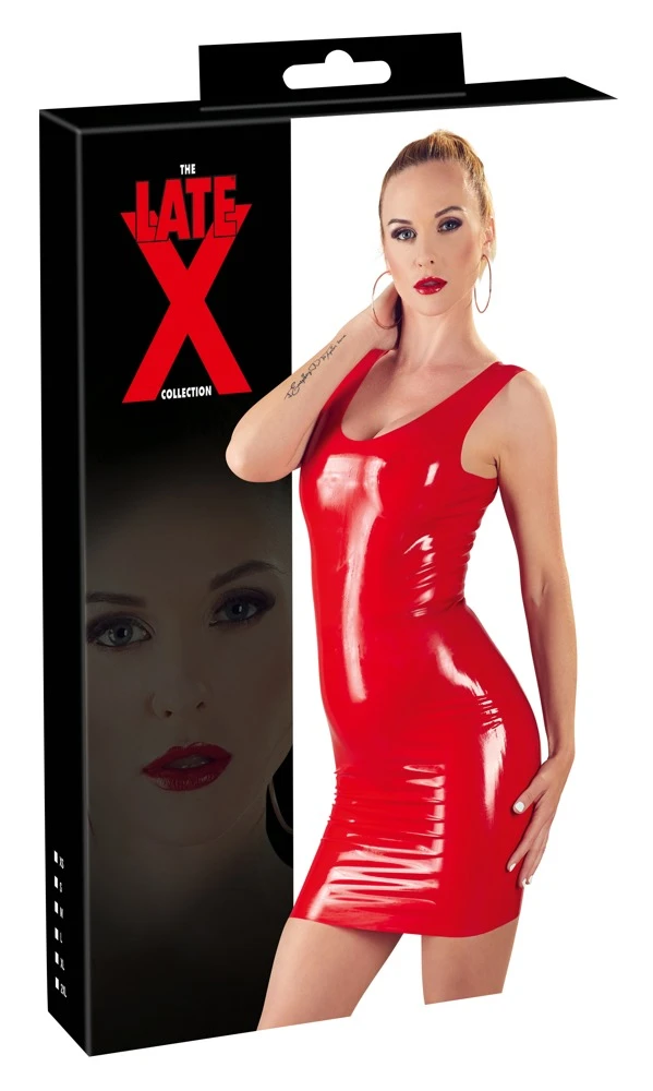 Schlicht-schönes Kleid aus leuchtend rotem Naturlatex ohne Arm und mit großzügig rundem Ausschnitt.