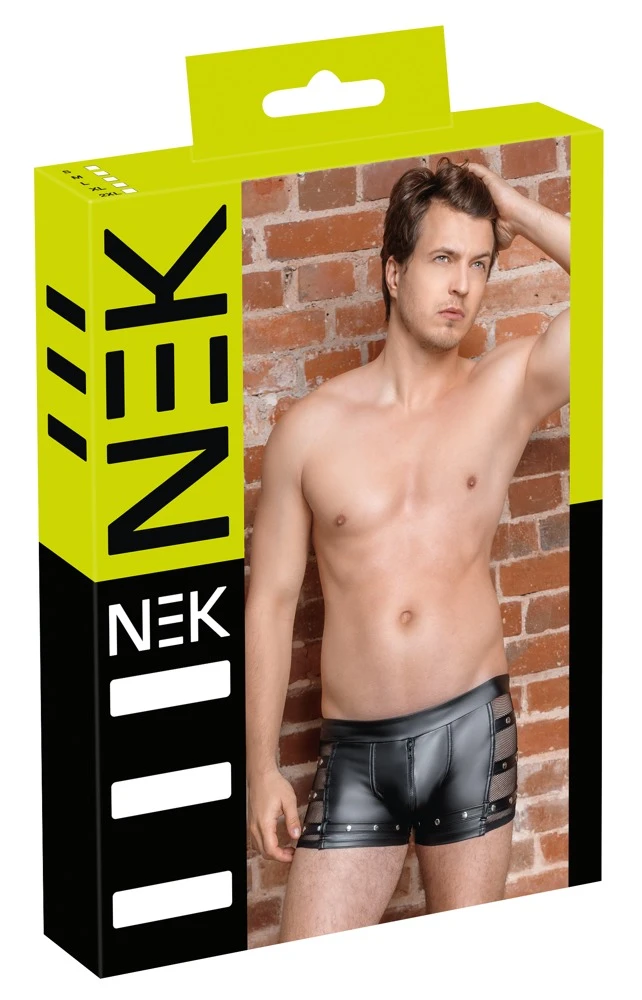 Schwarze Pants von NEK im betonenden Mattlook mit unterlegtem Front-Reißverschluss zum Öffnen. Seitlich transparente Netz-Einsätze mit Nieten verziert.
