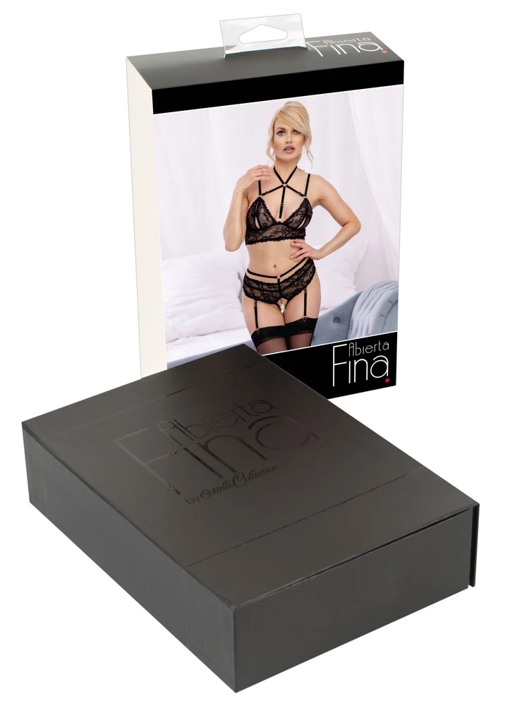 Bralette und Straps-Slip ouvert im Set von Abierta Fina. Feine Spitze und streichelweicher Samt im aufregenden Styling mit roségoldfarbenen Metallelementen und glitzernden Strassringen.