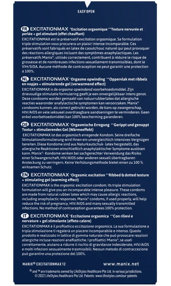 Manix Excitation Max 12er, Intensive Pleasure Kondome im erotischen Wetlook-Vibe mit stimulierenden Noppen & Rillen, konturierter Passform und wärmender Beschichtung für maximierte Leidenschaft
