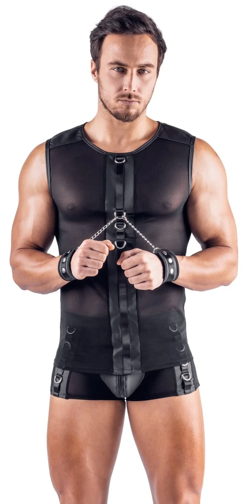 Svenjoyment Bondage Netz-Shirt – ärmellos & elastisch im schwarzen Mattlook mit Fesselringen vorne & hinten inkl. Soft-Handfesseln mit Karabinerketten für heiße Bondage-Action