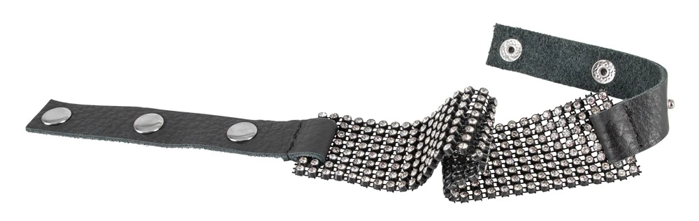 Halsband mit breitem Strass-Element in der Front und schmalem, mit Druckknöpfen verstellbarem Riemen.