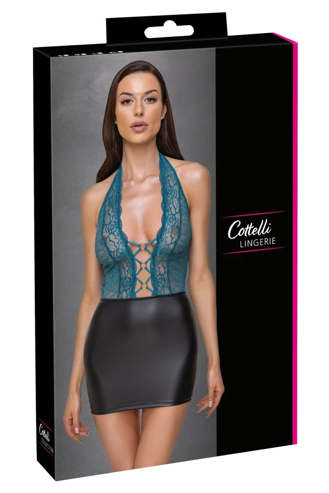 Cottelli LINGERIE Neckholder Kleid aus Spitze Mattlook Minirock schwarz/petrol