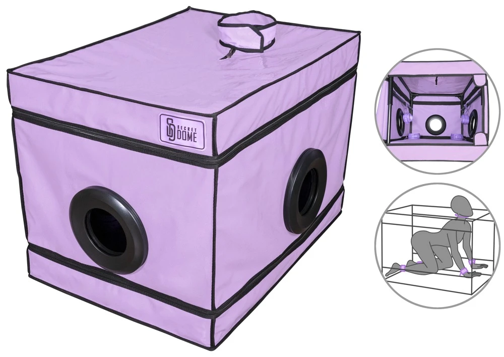 La Niche - Purple, Geschlossene BDSM-Kabine mit Fesseln, Öffnungen & Halsmanschette – La Niche für dunkle Spiele & geheime Fantasien
