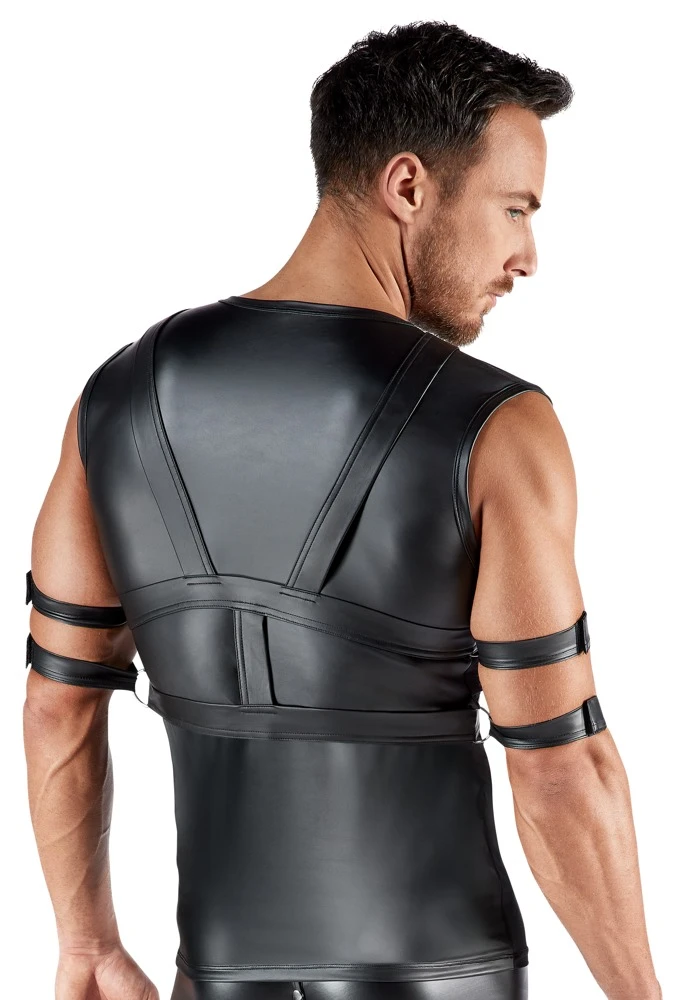 Svenjoyment BONDAGE Set: Ärmeloses Shirt mit transparentem Powernet und verstellbarem Brust-Harness samt sanften Fesseln