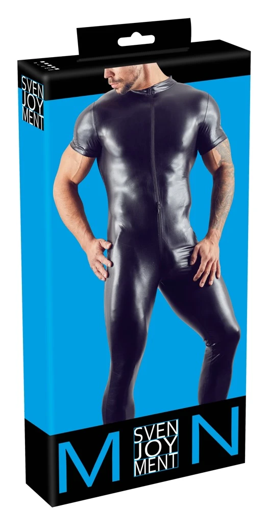 Hochelastischer Wetlook-Overall  von Svenjoyment mit langem, schmalen Bein und kurzem Arm.