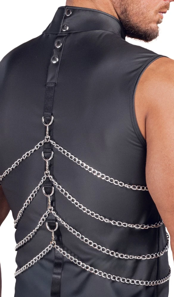 Mattlook Shirt von NEK – ärmellos, enganliegend und betont sexy mit Fesselringen vorne und hinten, abnehmbaren Karabinerketten und Stehkragen mit Druckknopfverschluss für einen heißen Bondage-Look