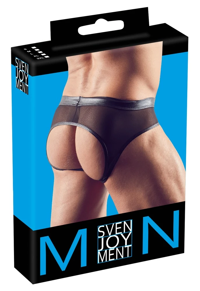 Pofreier Herrenslip von Svenjoyment in Schwarz. Elastische Materialkombination Wetlook mit leicht transparentem Powernet.
