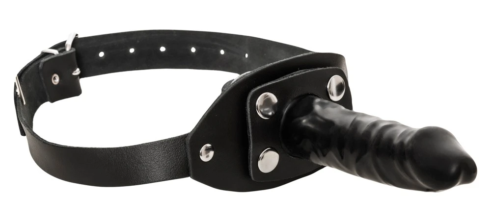 Knebel von ZADO mit verstellbarem schwarzem Kopfgurt aus Leder und abnehmbarem Außen-Dildo.