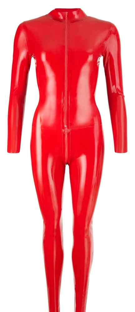 Dieser leicht taillierte Catsuit mit Stehkragen, langem Arm und langem Bein hüllt von Kopf bis Fuß in rotes Latex ein.