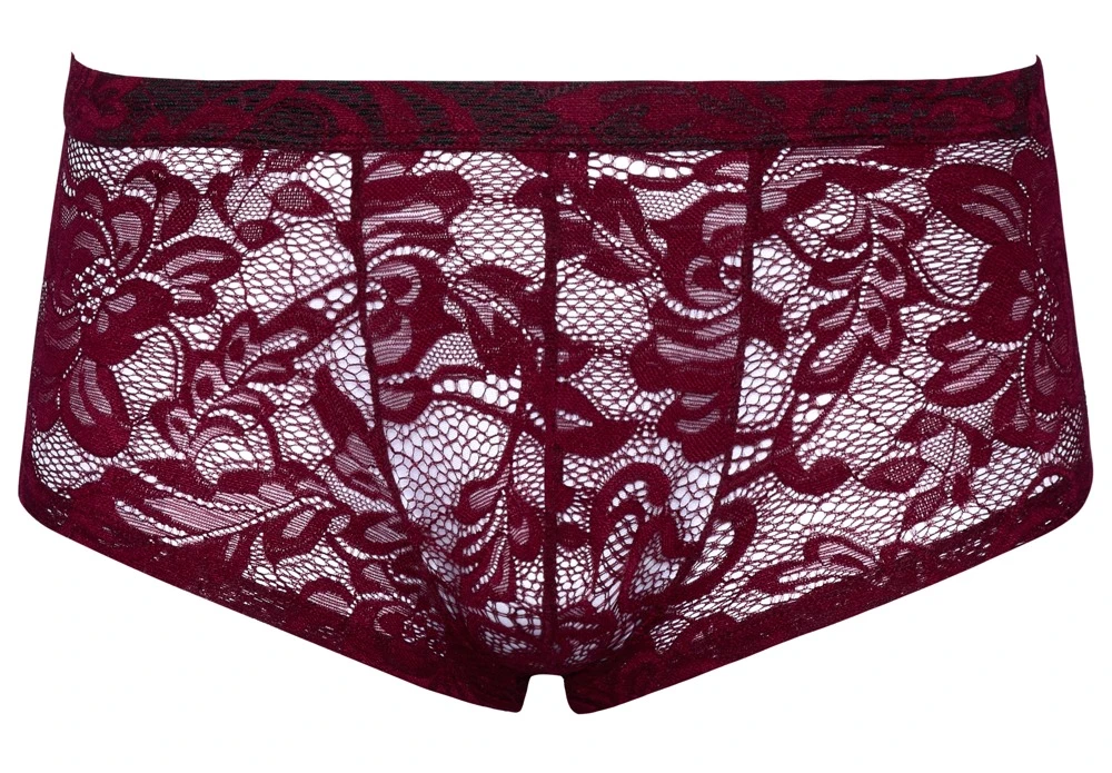 Herren Pants. Verführerische, transparente Pants aus floraler Spitze in edlem Dunkelrot- für hohen Tragekomfort und stilvolle Akzente