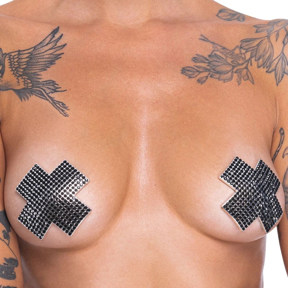 Cottelli Kreuz-Nippelsticker mit schwarzen schillernden Schmucksteinchen aus hautfreundlichem Bio-Kleber mehrfach verwendbar für aufregende Akzente