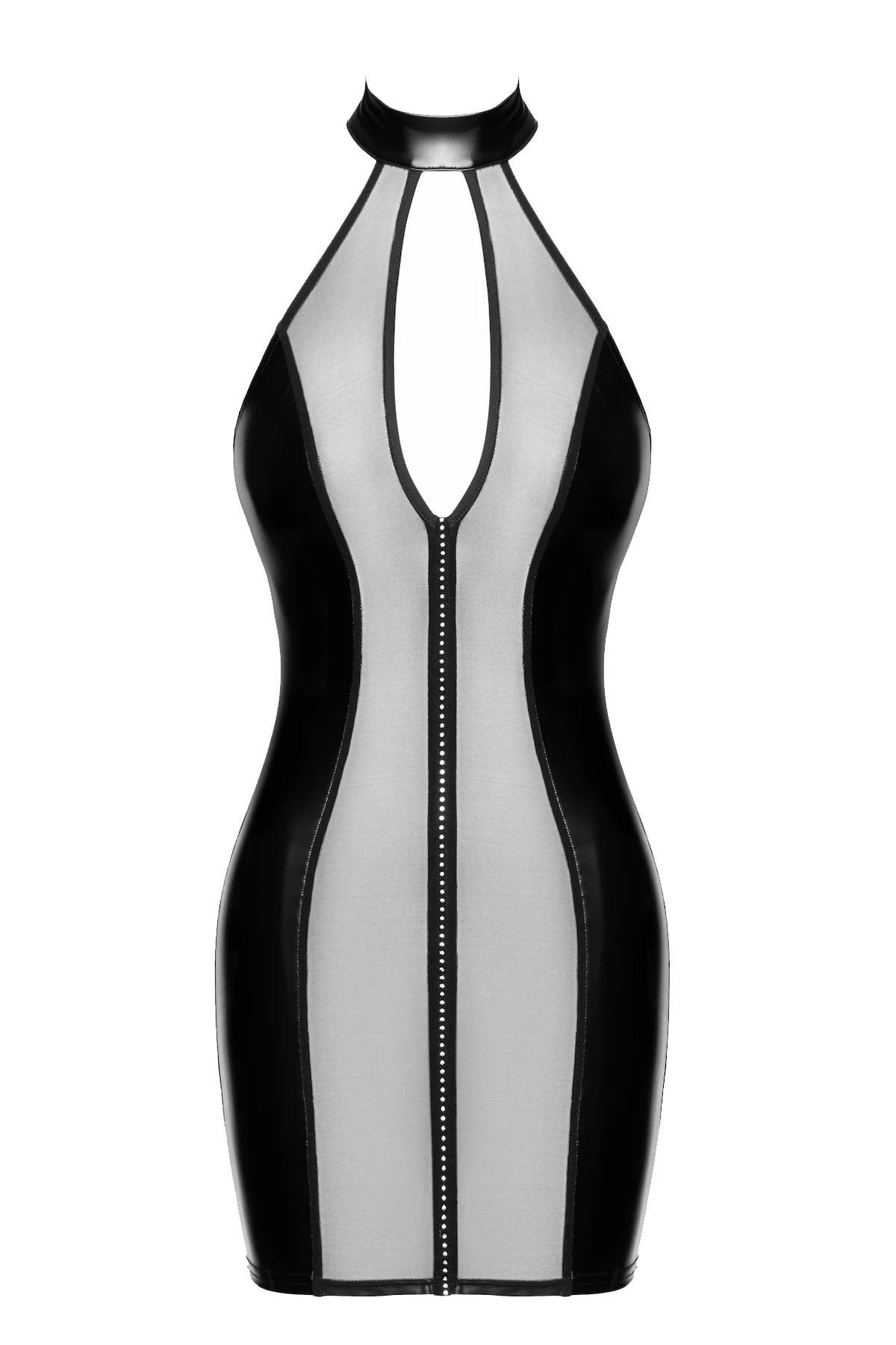 F370 Luxuria Crystal Sheer Kinky Minikleid von Noir Handmade – transparentes Netzdesign mit funkelnder Strasslinie, figurbetonendem Powerwetlook und hohem Kragen für einen ultra-sexy Look voller Glamour