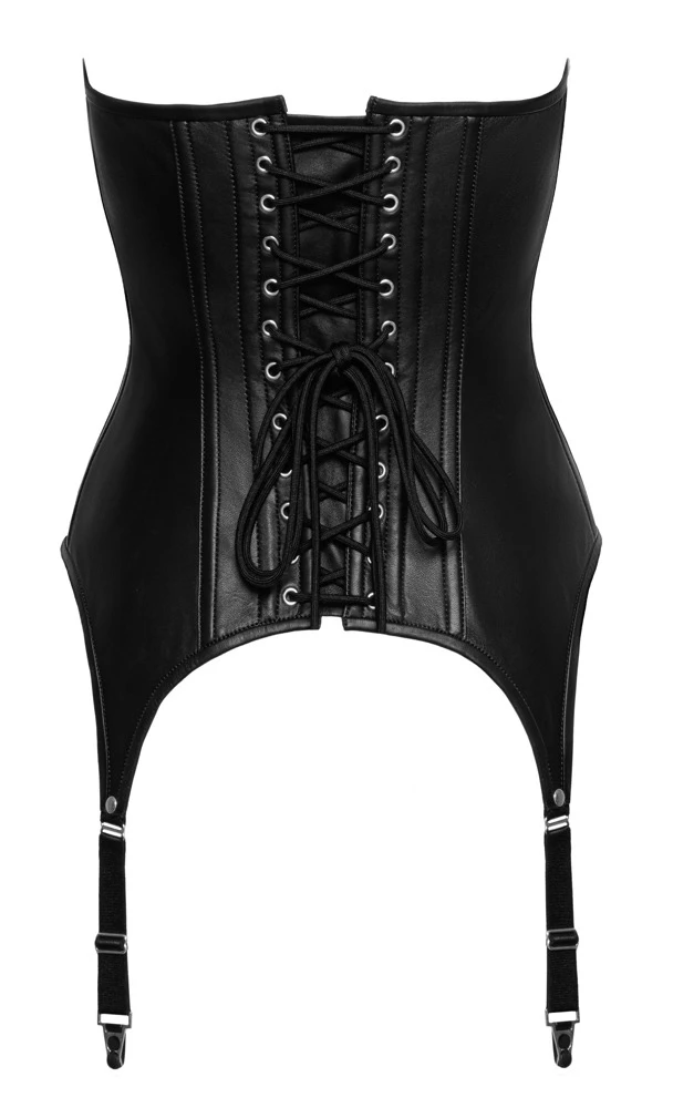 Trägerlose, ungefütterte Straps-Corsage von ZADO aus weichem Lammleder mit silberfarbenen Metalldetails.