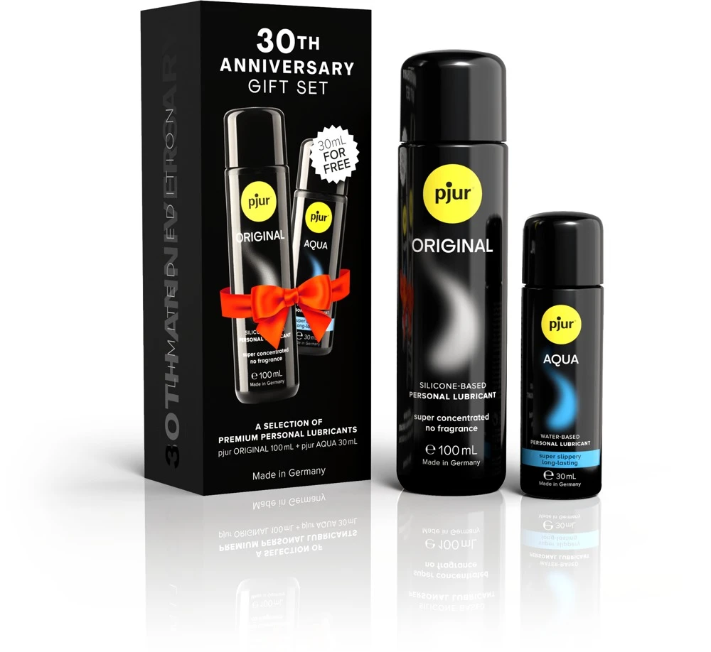 pjur 30th Anniversary Gift Set, pjur Jubiläumsset: ORIGINAL 100 ml + AQUA 30 ml gratis – 2 Gleitgele, 1 Preis, doppelte Gleitfreude!