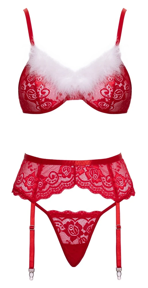 3-teiliges Straps-Set X-Mas von Cottelli LINGERIE aus roter Blütenspitze mit BH, Strapsgürtel, String und weißem Federbesatz an den Cups