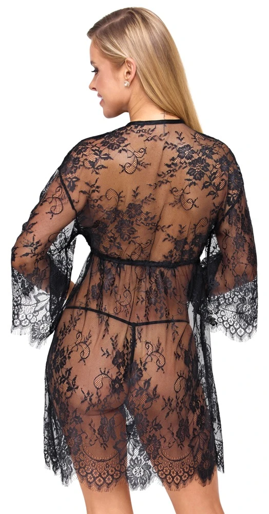Kurzer Kimono mit String aus feiner Spitze, sexy Eyelash Lace & Satin-Bindeband, weich und elastisch – Cottelli LINGERIE
