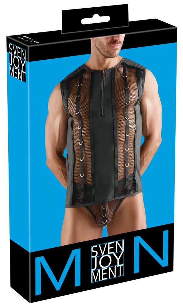 Sexy Netz-Shirt Herren schwarz mit Wetlook Mix und Reißverschluss vorne, elastisch mit auffälligen Ringen und körperbetonter Passform von Svenjoyment