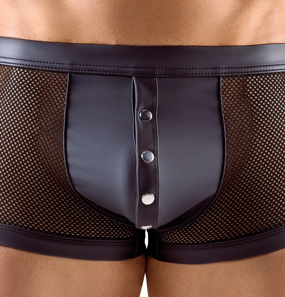 Schwarze Netz-Pants von NEK mit verstellbaren Schenkelriemen, Druckknopfleiste und elastischem Bund für optimalen Tragekomfort