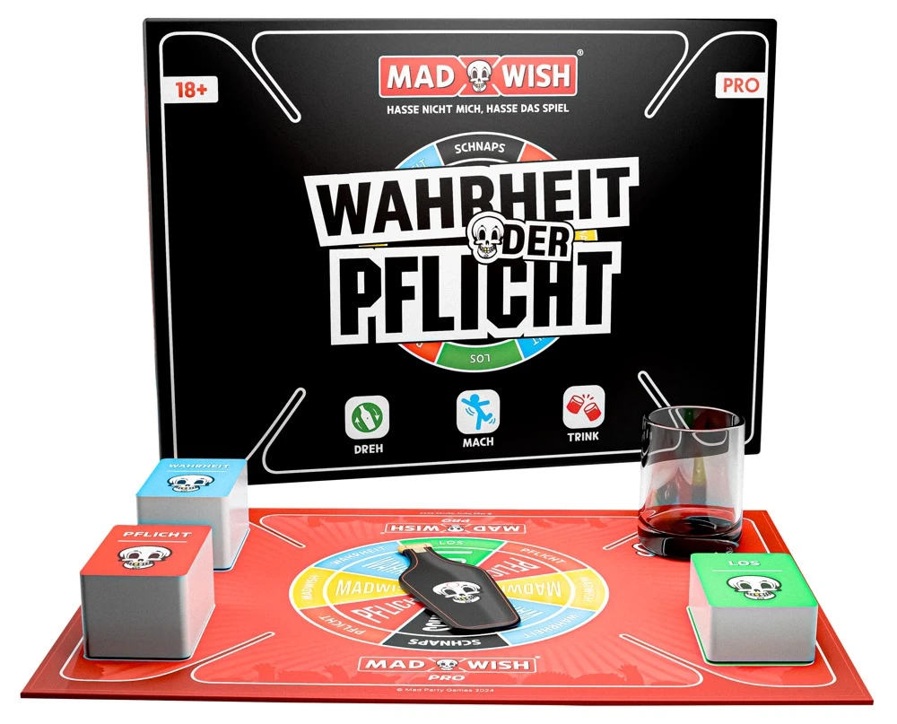 MadWish Pro Party Game, MadWish Pro Party Game – das freche 3in1-Brettspiel mit Flaschendrehen, Wahrheit oder Pflicht und Trink-Challenges für wilde Abende