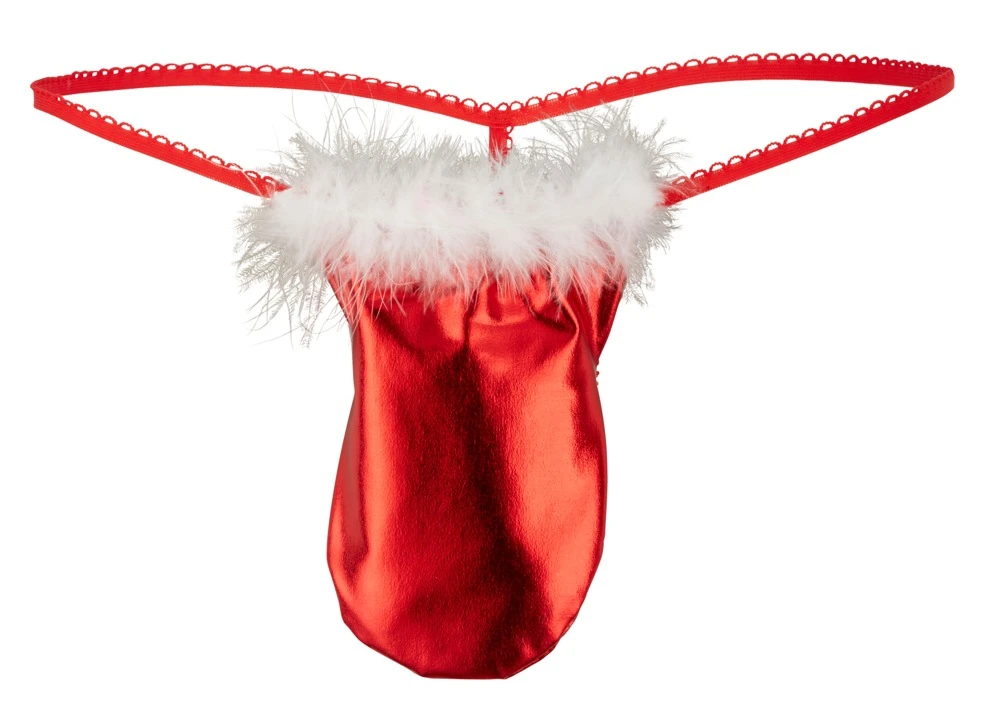 Roter String im Metallic-Look mit weißem Federbesatz am Bund. Perfekt für die Weihnachtszeit.