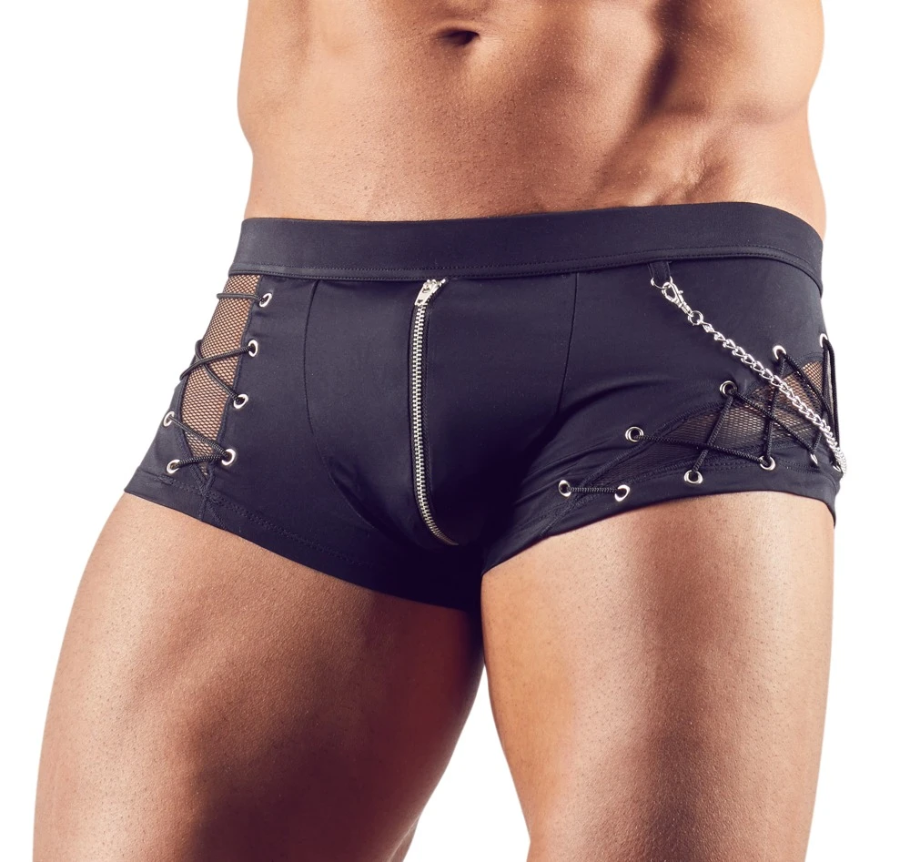 Pants im gekonnten Materialmix aus blickdicht und transparent mit abnehmbarer Zierkette und Reißverschluss vorne.