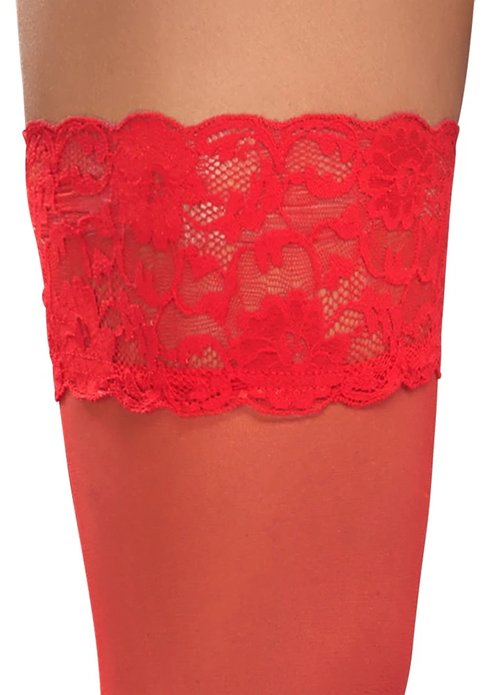 Cottelli Perfekte Eleganz: Halterlose, Rote Strümpfe mit Spitzen-Abschluss und Silikonverstärkung