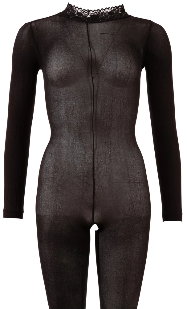 Langarm Catsuit ouvert mit Fuß transparente Reizwäsche aus feinem Strumpfmaterial mit Spitzenhalsband & Rückenausschnitt Fantasy by Cottelli