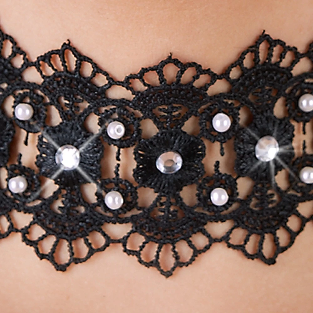 Cottelli Elegantes Schwarzes Halsband: Verziert mit Perlen, Strasssteinen und Satinschleife