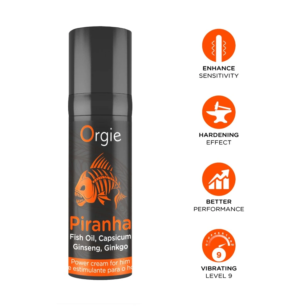 Orgie Piranha Power Cream 15ml, Piranha Peniscreme mit heißem Kribbel-Vibe und Vibrationskick – intensive Stimulation Level 9/10