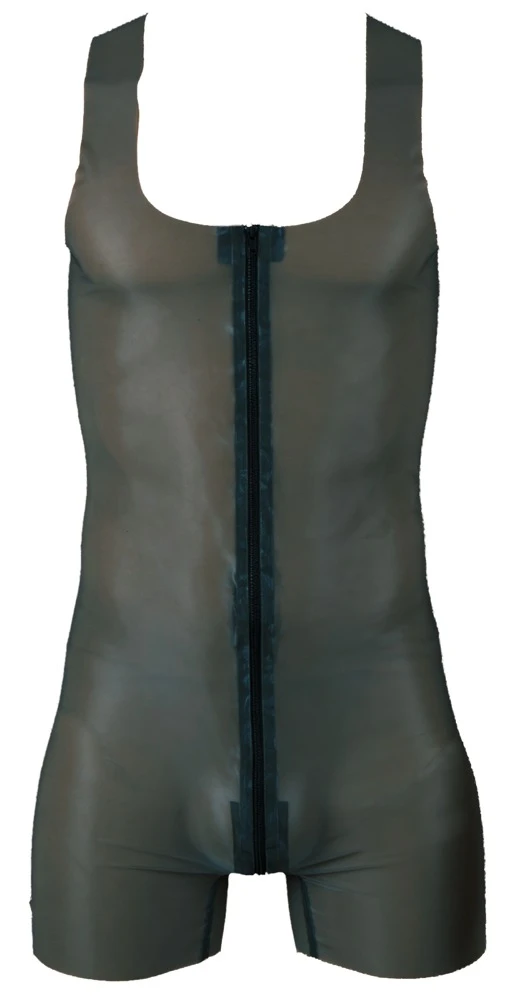 Latex-Trägerbody in Smoke mit kurzem Bein, rauchgrau-transparent & hauteng mit 2-Wege-Zip bis über den Po – kinky Statement-Look von LateX