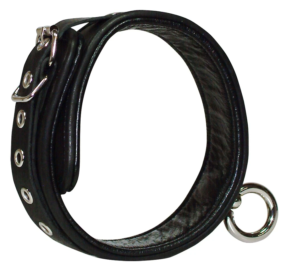 4 cm breite, hochwertig gearbeitete Halsfessel aus Leder von Wild Thing by ZADO mit dekorativem Ring an kleinem Steg.