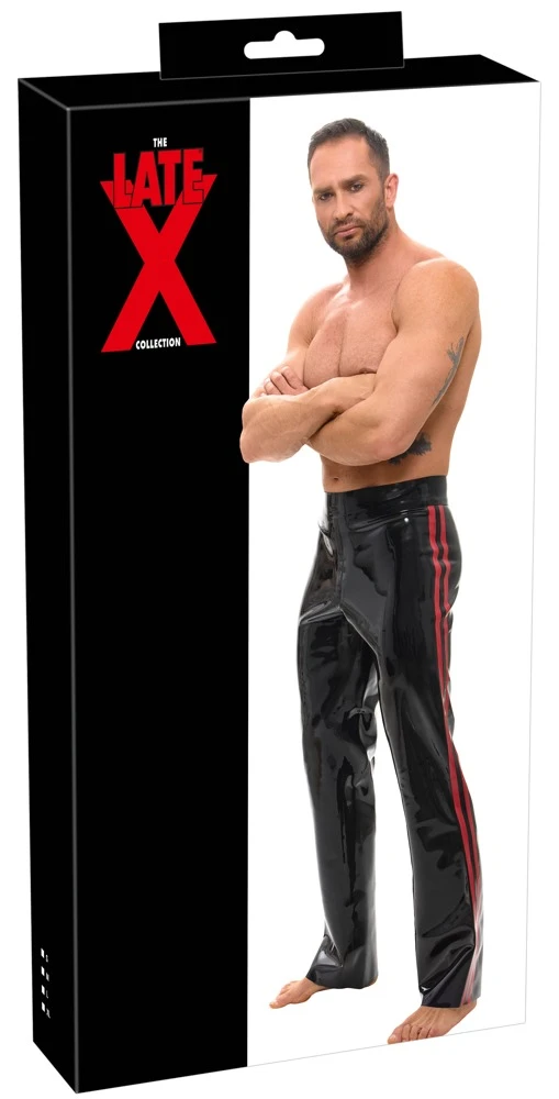 Latex-Hose Bootcut Schwarz-Rot im Kinky Racing-Look mit Seitenstreifen aus Premium-Latex für einen kraftvollen glänzenden Auftritt – LateX