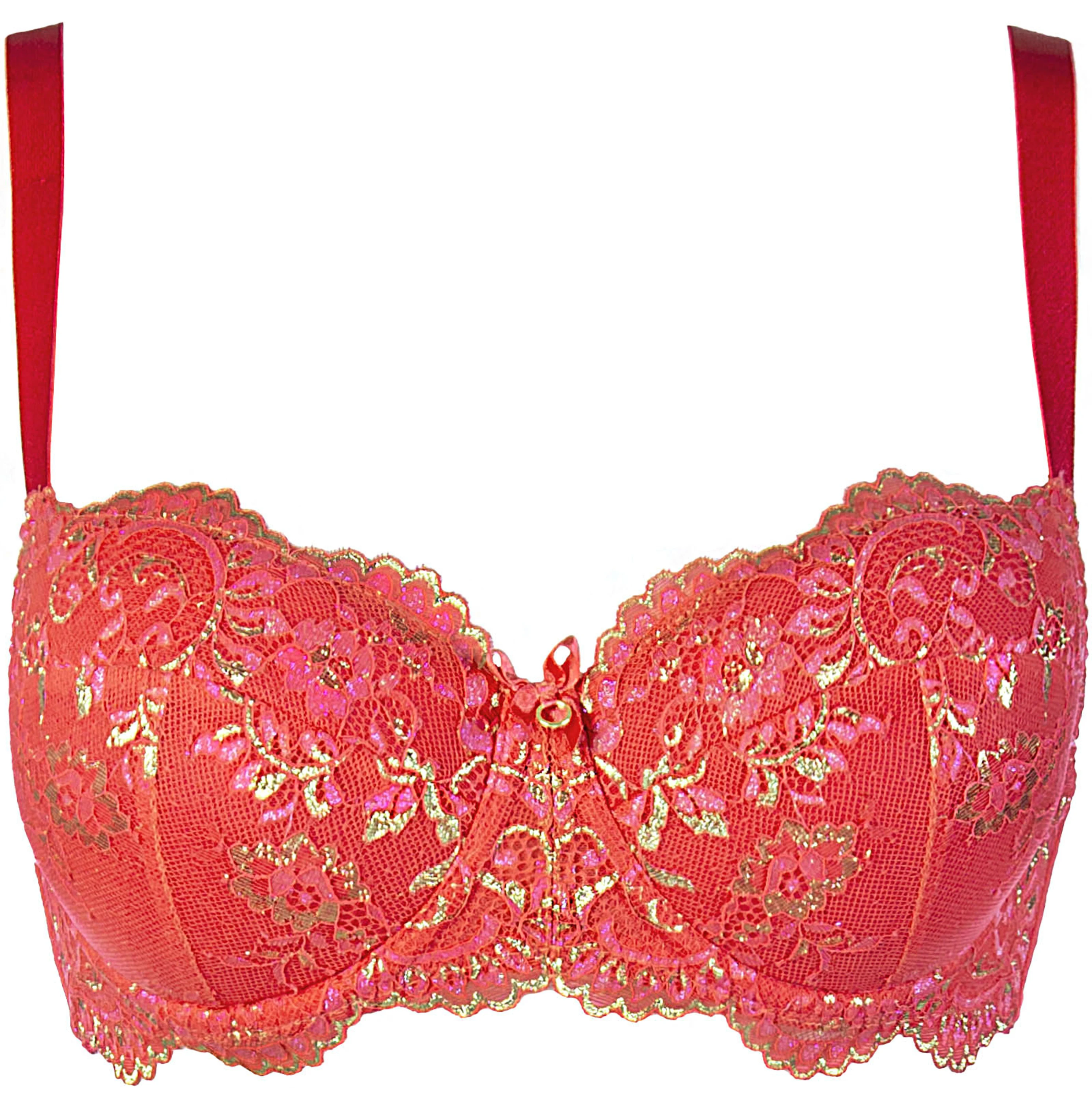 AXAMI V-12011 Sexy Dessous Push-up BH Balconette Koralle Reizwäsche Erotisch verstellbar gepolstert luxuriös schimmernd