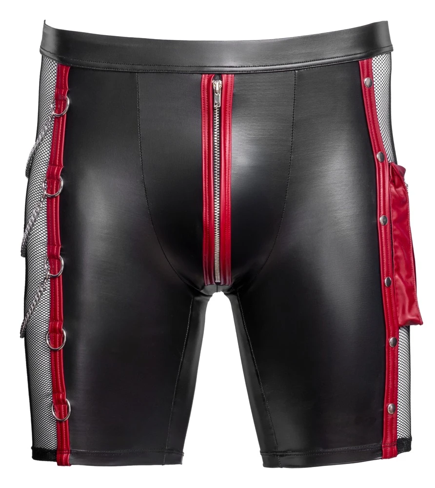 Herren Pants, NEK Pants im schwarzen Mattlook mit roten Kontrasten, seitlichem Netz, Reißverschluss im Beutel, Ringen und Karabiner-Ketten