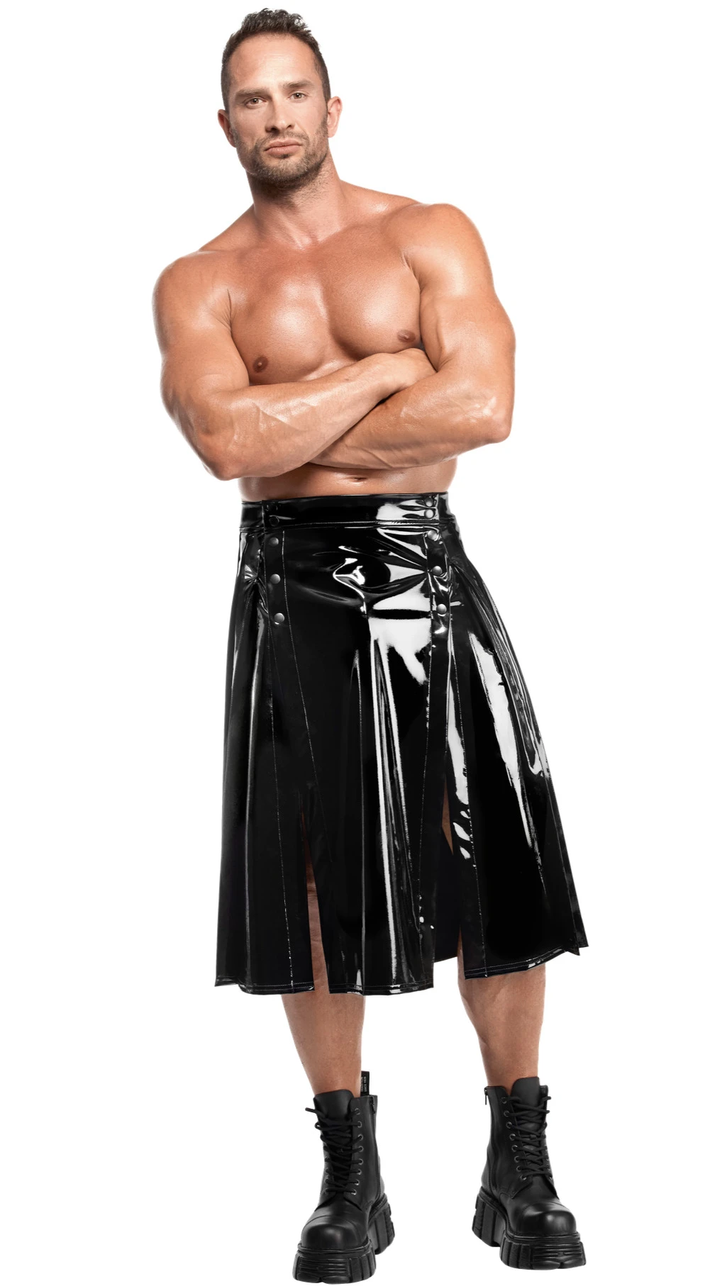 Langer Herren Kinky Lack Rock Empire H091 sexy Hochglanz mit dehnbarem Material, zwei Gehschlitzen vorn und Druckknopf-Front zum Öffnen von Noir Handmade Men