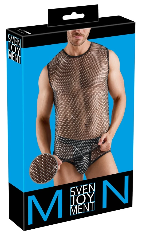 Provokantes Herren-Netzshirt in transparenter Schwarz-Optik mit funkelnden Glitzersteinchen und sinnlichem Wetlook-Flair von Svenjoyment