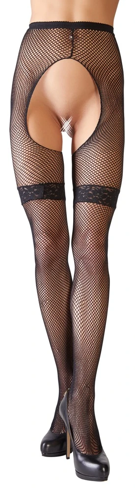 Cottelli Verführerische Straps-Strumpfhose: Offen im Schritt, mit Spitze und grobem Netzmaterial