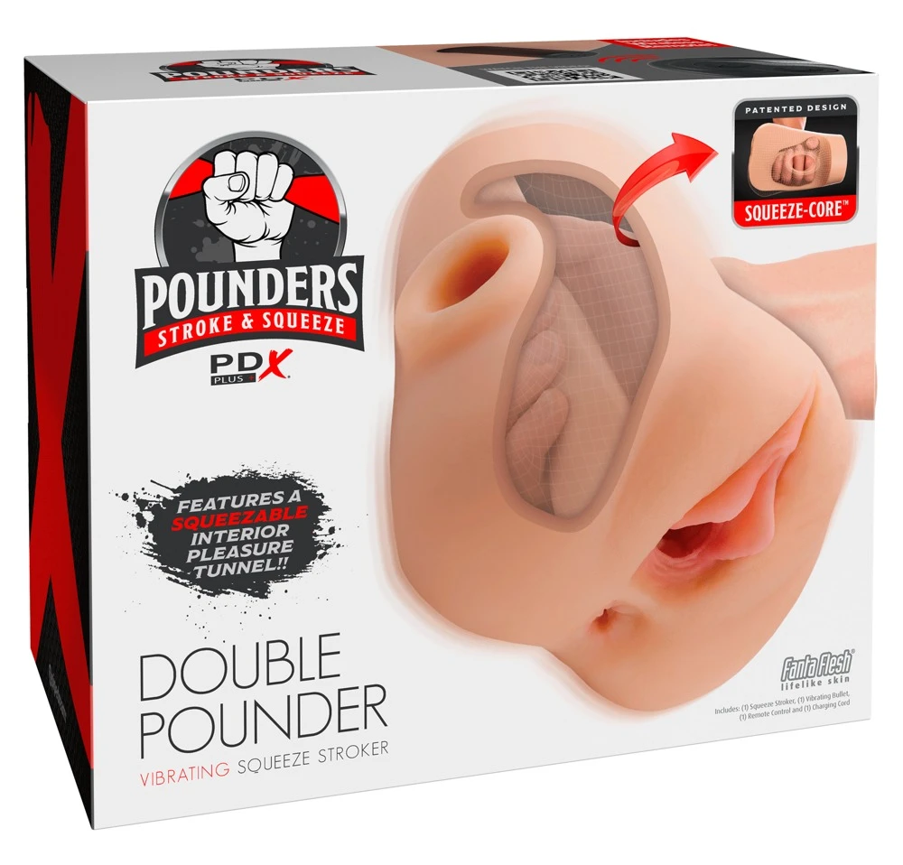 PDXP Double Pounder Vibrating, PDX Plus Pussy Pounder Vibrating Squeeze Stroker Masturbator mit Vagina & Anus-Optik, 2 Lustkanäle, Vibrobullet & realistischem Grip