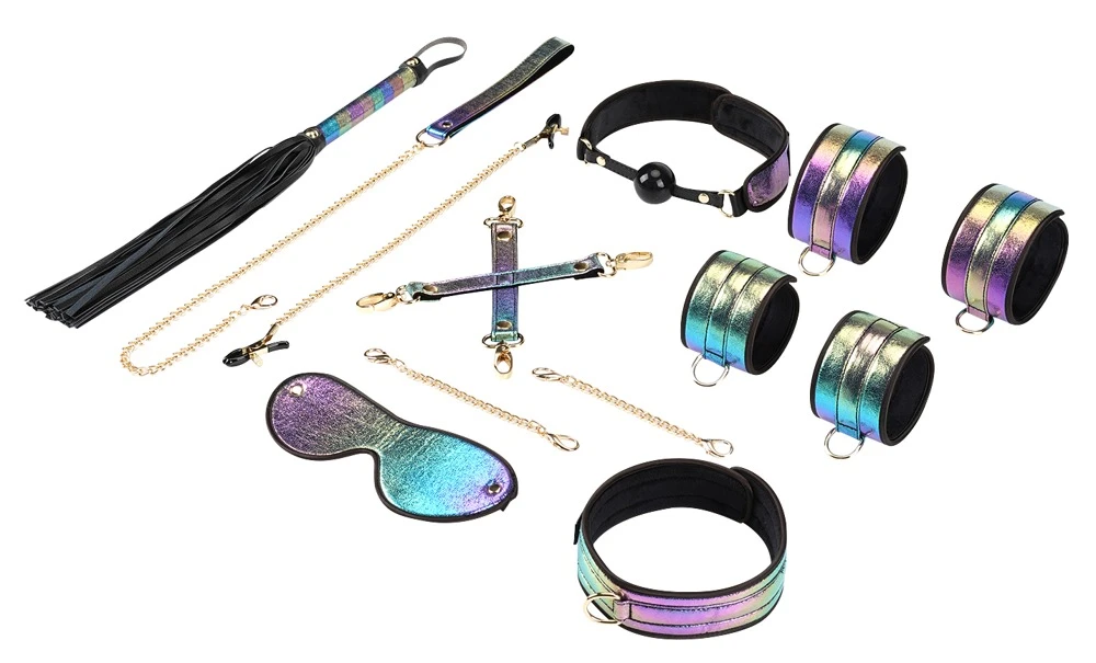 LS Vivid Rainbow, Vivid Niji 8-teiliges Fesselspiele-Set: Bondage in schillerndem Glossy Rainbow mit Fesseln, Peitsche und mehr!