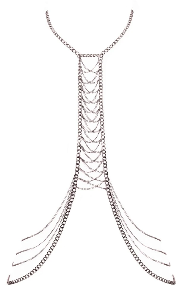 Cottelli silberfarbene Körperkette mit üppigem Kettchenbesatz zwischen den Brüsten und glamourösem Hüftschmuck im verstellbaren Neckholder-Design