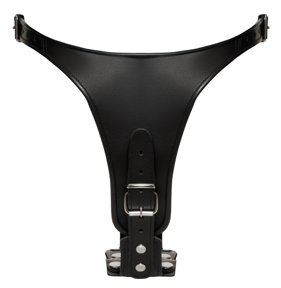 Verstellbarer Leder-String, innen mit abknöpfbarem, geädertem Vaginal- und Analdildo.