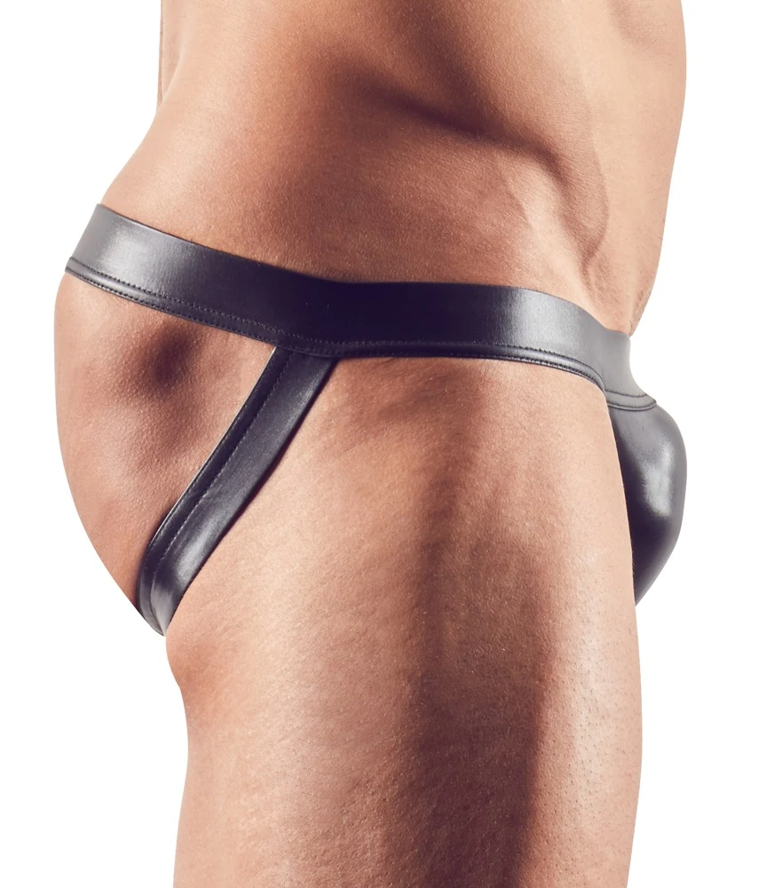 Verführerisch glänzender Jock in schwarz. Mit elastischen Bundgummi.