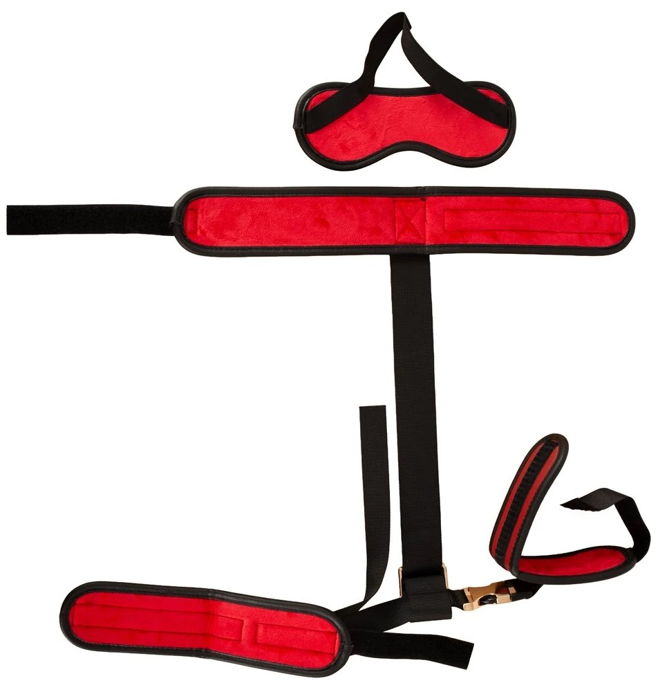 Bad Kitty Neck to Wrist Bondag, Sexy Bondage Set Halsfessel Handfesseln Augenmaske rot schwarz Lederlook gold Details verstellbar abnehmbar kinky Set